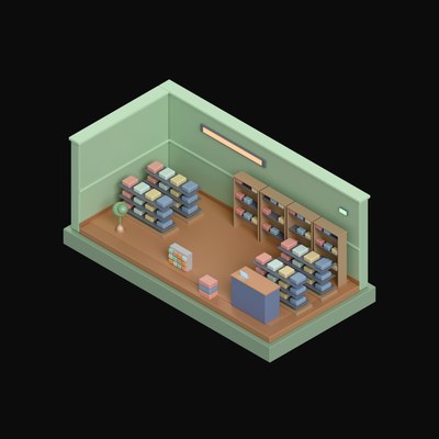 Sage Green Supermarket Aisle with Shelf Runs - 3D icon from Isometric Room Blocks