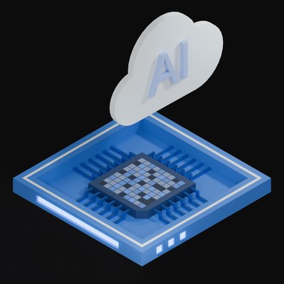 Blue AI Cloud Chip with a Labelled Cloud 3D Icon - 3D icon from AI Cloud Chips