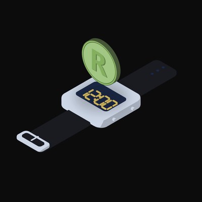 South African Rand Floating Over a Watch - illustration from Crypto & Currency Watch Float