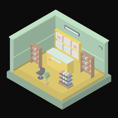 Muted Mint Pharmacy with a Drawer Wall - illustration from Isometric Room Block Icons
