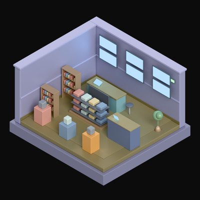 Periwinkle Electronics Store with Display Plinths - 3D icon from Isometric Room Blocks