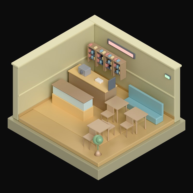 Soft Ochre Coffee Shop with a Service Counter - 3D icon from Isometric Room Blocks