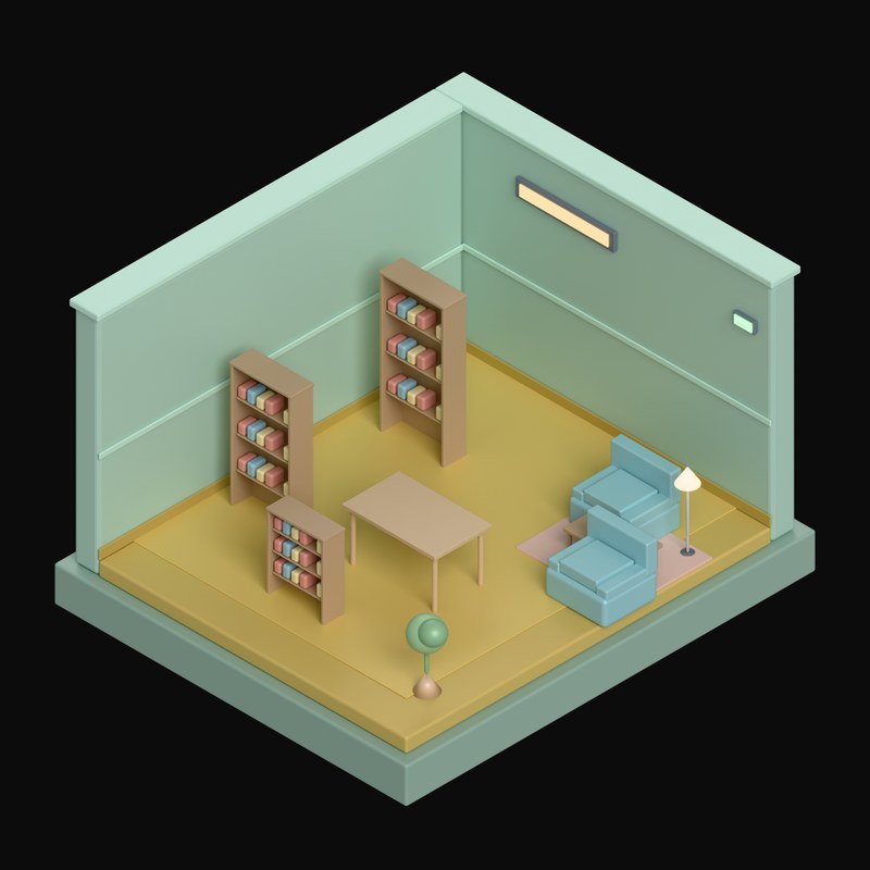 Dusty Jade Bookstore with Tall Shelves - 3D icon from Isometric Room Blocks