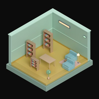 Dusty Jade Bookstore with Tall Shelves - 3D icon from Isometric Room Blocks