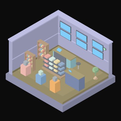 Periwinkle Electronics Store with Display Plinths - illustration from Isometric Room Block Icons