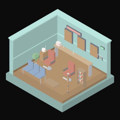 Soft Teal Barbershop with Two Barber Chairs - illustration from Isometric Room Block Icons