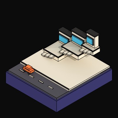 Staggered Split-Level Podium with Cyan Window Bands - 3D icon from Neo Brutalist Scenes