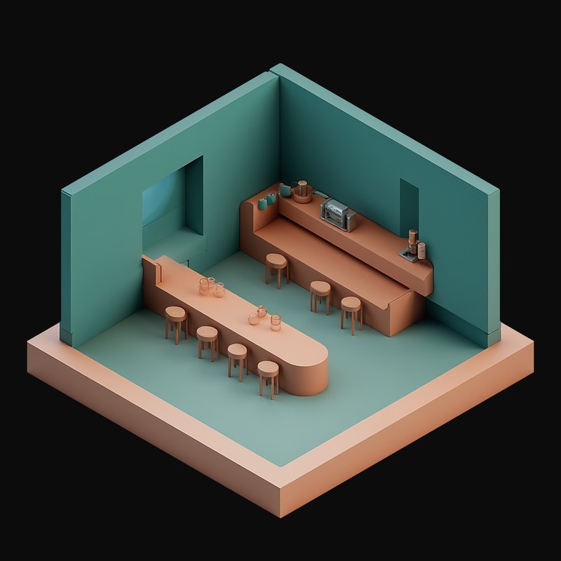 Teal Coffee Shop with a Terracotta Counter - 3D icon from Isometric Clay Room Scenes