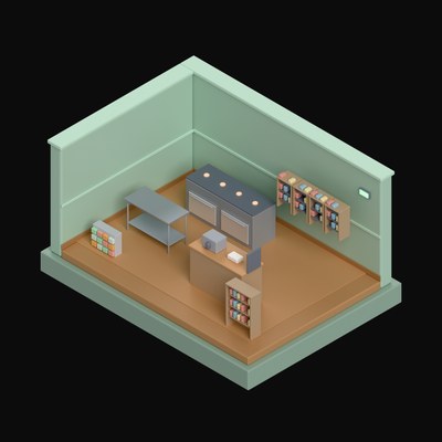 Soft Jade Restaurant Kitchen with a Prep Line - 3D icon from Isometric Room Blocks