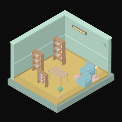 Dusty Jade Bookstore with Tall Shelves - illustration from Isometric Room Block Icons