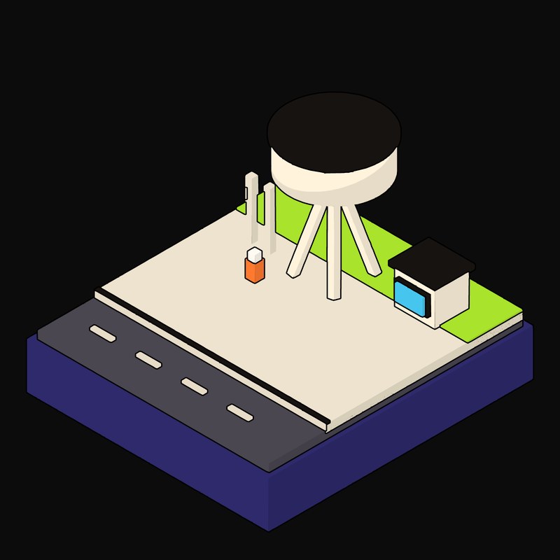 Splay-Legged Water Tank over a Cyan-Windowed Plant Shed Animated Icon - animated icon from Neo Brutalist Scenes Motion Icons