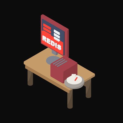 Redis Key Values on a Mini PC - illustration from Isometric Developer Stack Desks Icons